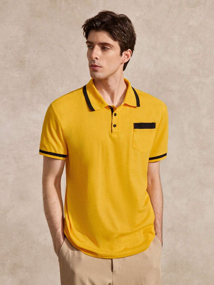Courvante Camisa polo formal de algodón con ribete de contraste para hombre, ceremonia - Amarillo - Ver 1