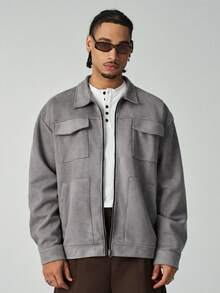 ÉpureWay Herren lässige, locker geschnittene Jacke mit Dropped Shoulder, grau, Reißverschluss-Jacke, grau, Shacket-Modejacke, hellgrau, grau, Jacke, Old Money Stil, Herbst Winter - Grau - Übersicht 1