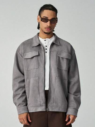 ÉpureWay Men's Casual Loose Fit Drop Shoulder Jacket Grey Jacket Men Grey Grey Zip Up Jacket Grey Jacket Grey Shacket Fashion Jacket, Light Grey Jacket, Grey Jacket, Jacket, Old Money Style Fleece