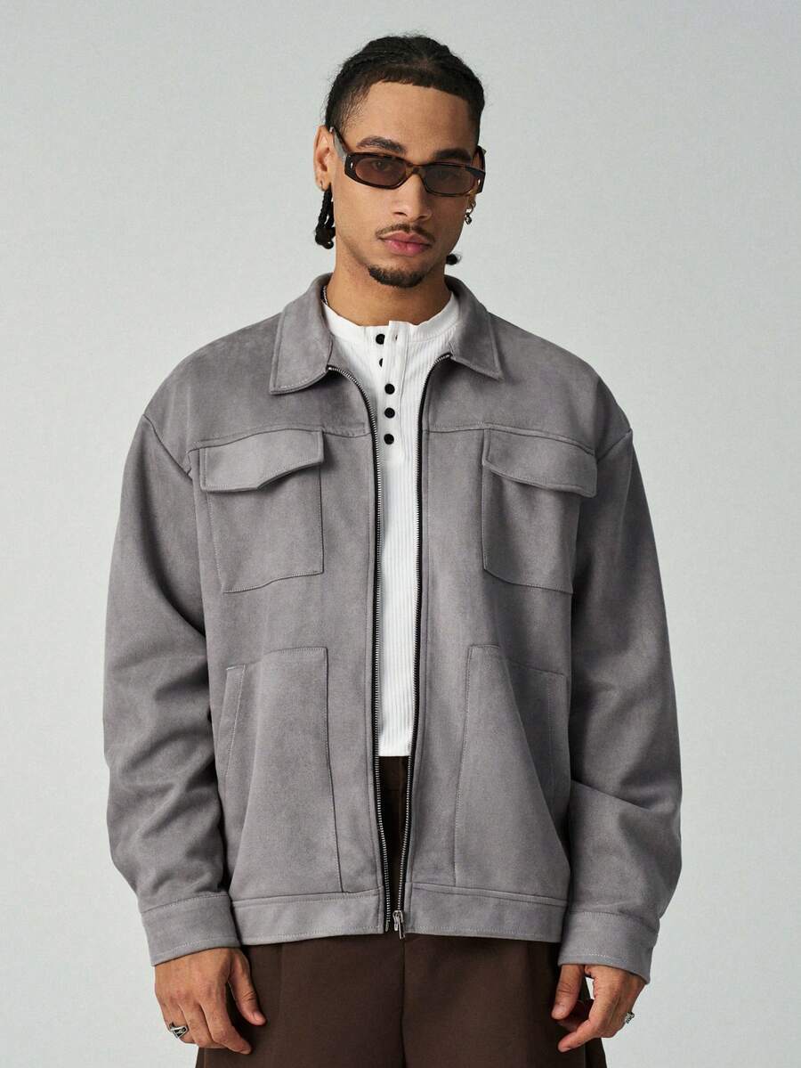 ÉpureWay Herren lässige, locker geschnittene Jacke mit Dropped Shoulder, grau, Reißverschluss-Jacke, grau, Shacket-Modejacke, hellgrau, grau, Jacke, Old Money Stil, Herbst Winter - Grau - Übersicht 1