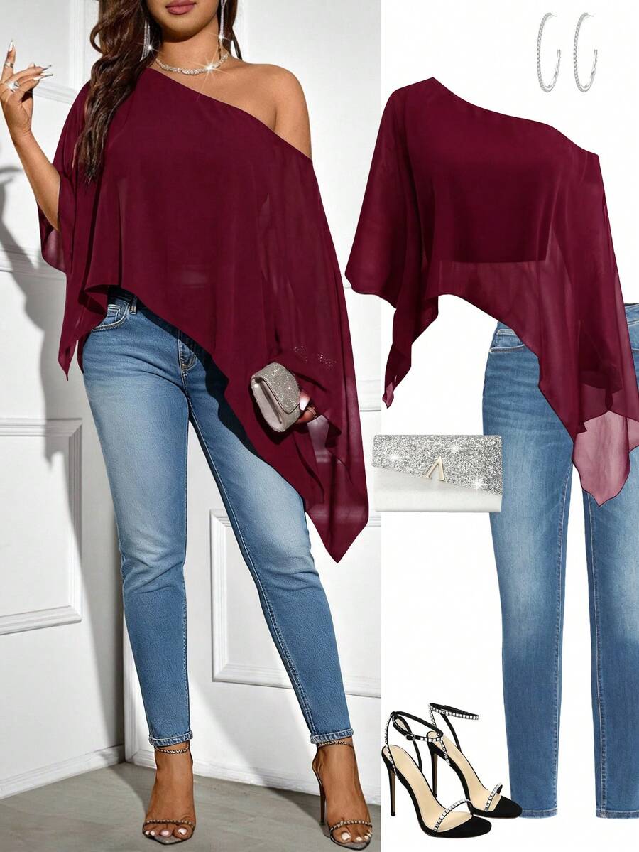 Femmeverse Plus Size Women's Solid Color Asymmetric Hem Loose Fit One Shoulder Blouse - Burgundy - View 1