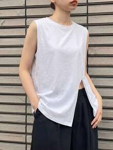 FRIFUL 女款白色無袖側開衩休閒上衣 夏季 T-shirt - 白色 - 查看 5