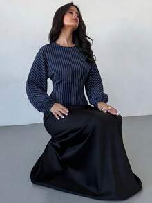 Firerie 女款新款極簡優雅浪漫休閒都市通勤條紋時尚百搭海軍藍圓領蝙蝠袖長袖收腰抓皺X型修身襯衫，適合教師，秋季穿著 - 藏蓝色 - 查看 7