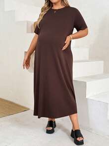 Plussiva Plus Size Maternity Solid Color Simple Round Neck Short Sleeve Loose Fit Dress - Brown - View 3
