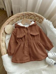 Baby Girl Cute Corduroy Hooded Thermal Lined Jacket, Autumn/Winter - Brown - View 5