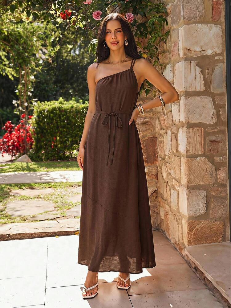 KARISMINA Women's Casual Elegant Romantic Solid Color Cotton Asymmetric Collar Dress, Suitable For Spring And Summer,Summer Dresses For Women - Brown - View 10