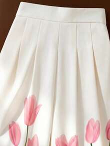 Modelyn Plus Size Women's Floral Print Pleated Design Elegant Skirt Vacation White Autumn Evening Tea Party - Multicolor - View 4