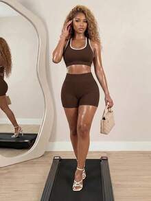 Dewbera Women Ribbed Trim Crop Tank Top And Shorts Set Brown Sports Bra Workout Two Pieces Athletic Yoga Setworkout - Coffee Brown - View 2