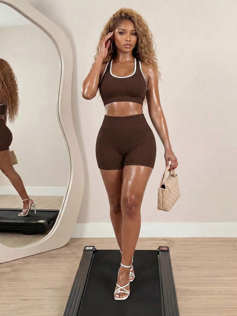 Dewbera Women Ribbed Trim Crop Tank Top And Shorts Set Brown Sports Bra Workout Two Pieces Athletic Yoga Setworkout
