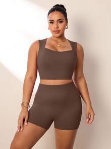 SHEIN Rhythm Era 2pcs Women Plus Size Ribbed Seamless U-Neck Sports Tank Top And Shorts Set, Yoga Outfit High Waist High Stretch 3/4 Length Shorts Set - Rust Brown - View 4