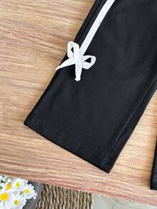 SHEIN 2pcs/Baby Girl's Summer Casual Two Pieces Set: Short-Sleeved Casual Floral Print Patchwork Top With Ribbon Bow And Long Pants - Black - View 8