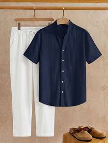 HIMLAND 2pcs/Set Men's Casual Woven Stand Collar Small V-Neck Short Sleeve Shirt Set - Multicolor - View 4