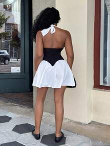Alexandranx Women's Black And White Color-Blocked Halter Neck Deep V-Neck Short Dress, Birthday Dress.Beach Dress ,Valentines Day Dress Elegant Party Summer - Black and White - View 3