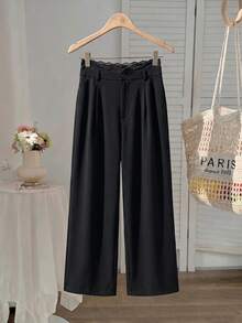 SHEIN MOD Plus Size Black Lace Patchwork High Waist Wide Leg Pants - Black - View 8