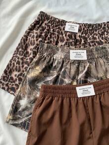 SHEIN EZwear 大尺碼豹紋素色迷彩樹枝印花牛仔休閒短褲3件組 - 棕色 - 查看 5