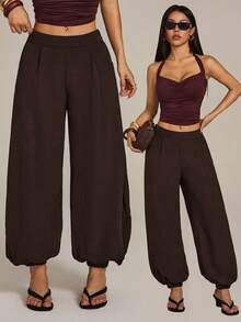 SHEIN PETITE 2026女款春夏度假系列：黑色高腰寬腿長褲 - 棕色 - 查看 1