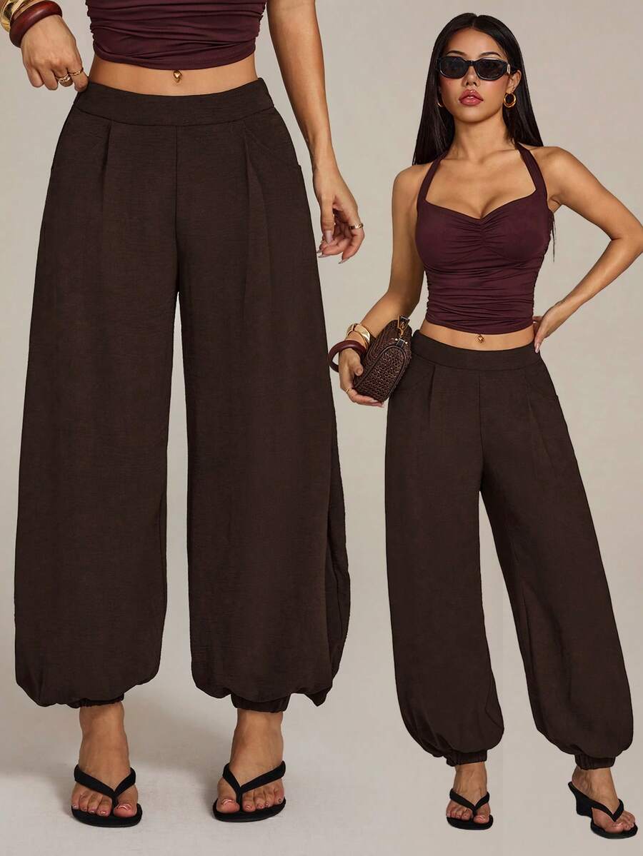 SHEIN PETITE 2026女款春夏度假系列:黑色高腰寬腿長褲 - 棕色 - 查看 1