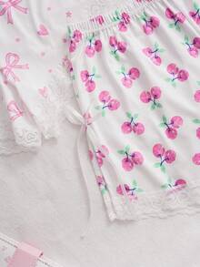 SweetSlumber 2 Peças Shorts Femininos com Estampa de Cereja e Laço, Barra Dividida, Doce e Fofo - Multicolorido - Visão 3