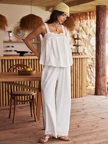 Lullawish Women's Hollow Out Embroidery Camisole And Pants Pajama Set - White - View 4