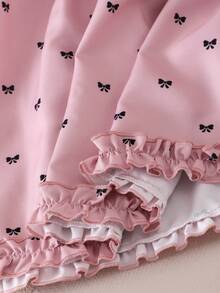 SHEIN Elladie kids 1pc Girls Summer New Square Neck Puff Short Sleeve Ruffle Baby Pink Bow Print Elastic Waist Front Neckline Lace Bow A-Line Pastoral Academy Style - Pink - View 9