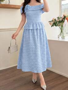 Feyla Women's 3D Flower Decor Off-Shoulder Elegant Romantic Midi Dress Tea Party Baby Blue Summer - Baby Blue - View 5