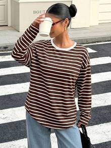 Muchica 女款寬鬆黑色條紋露背綁帶長袖T恤，適合穿搭、返校季、街頭風露背上衣 - 棕色 - 查看 7