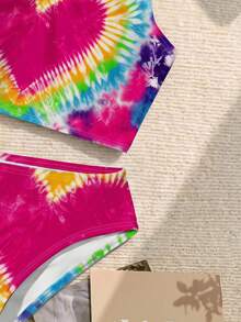 SHEIN Setelan Baju Renang Crop Top & Bottom Motif Tie-Dye Hati Minimalis Kasual untuk Anak Perempuan Remaja, Cocok untuk Musim Panas - MultiWarna - View 6