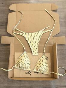Swim Vcay Bikini sexy para mujer primavera/verano 2026, copa triangular con cuello halter, estampado de lunares amarillos con decoración de girasol, estilo dulce y lindo, diseño fruncido con cordón, corte alto, adecuado para playa, y piscina - Multicolor - Ver 2