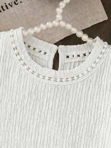 SHEIN LMoss Kids LMoss Young Girl Knitted Solid Color Round Neck Lace Ruffle Trim Fitted T-Shirt - White - View 6