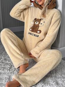SHEIN طقم بيجامة ناعم من الفرو بتصميم دب الفضاء الحالم - بني - مشاهدة 5
