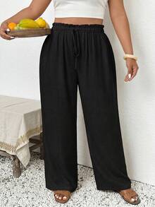 SHEIN Tall CURVE 大码女式纯色荷叶边腰带休闲裤 - 黑色 - 查看 6
