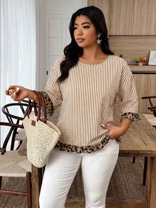 Weeklong Plus Size Women's Spring/Summer Leopard Print & Striped Colorblock Mid-Sleeve Ruffle Hem Casual Vacation Shirt Fall - Multicolor - View 4