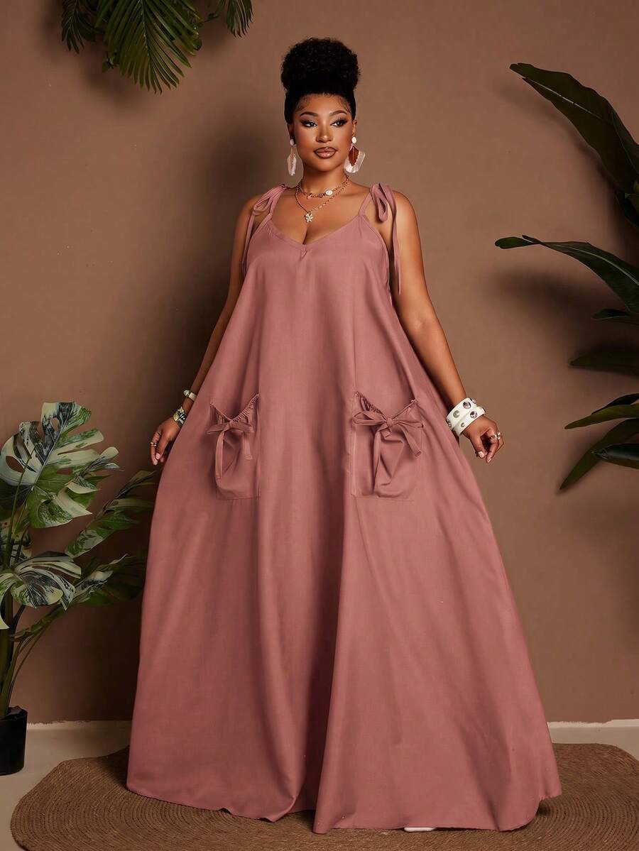 Maweii Summer Plus Size Women's Spaghetti Strap A-Line Maxi Dress, Casual Vacation Beach Bussines Carribean Vacation Full Skirt Dusty Pink - Dusty Pink - View 1