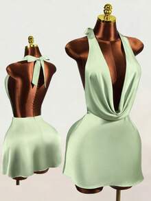 Women's Spaghetti Strap Deep V-Neck Casual Elegant Silk Finish Glossiness Sexy Grace Dress Night Out Sage Green Summer - Green - View 10