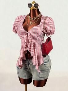 Mistrie Women's Pink And White And Plaid Lace-Up Ruffle Strap Tank Top Vacation Summer Cute - Red - View 3
