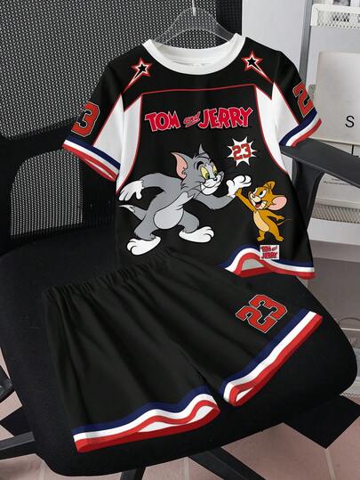 TOM & JERRY X SHEIN Tween Boy Contrast Color Letter & Cartoon Print Crew Neck Short Sleeve T-Shirt And Shorts Set