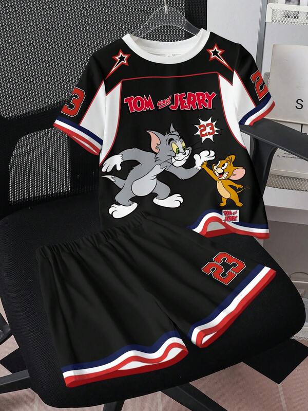 TOM & JERRY X SHEIN طقم تيشيرت بأكمام قصيرة وشورت للأولاد المراهقين بطباعة حرف وكرتون بألوان متباينة