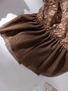 Seduluxe Butterfly Lace Mesh Ruffle Underwire Bra Sheer Sexy Jumpsuit For Women - Coffee Brown - View 5