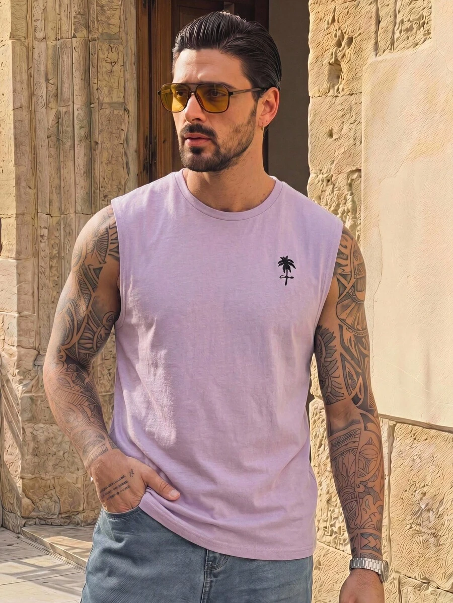 HIMLAND Men's Letter & Palm Tree Print Crew Neck Knit Fitted Tank Top - Mauve Purple - View 1