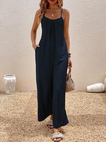 Breezaya Women's Textured Solid Color Pleated Loose Cami Jumpsuit Vacation Navy Blue Summer Casual - Navy Blue - View 3