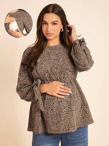 Boho Mama 孕妇休闲哺乳衬衫，孕妇长袖蝴蝶结纽扣衬衫 - 卡其色 - 查看 4