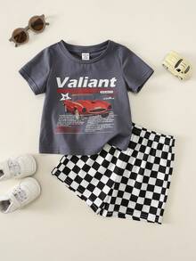 SHEIN 2pcs/Set Baby Boy Summer Cute Casual Knitted Printed Short Sleeve T-Shirt And Elastic Waist Checkered Pattern Shorts Set, Racing Set, Checkered Set, Infant Set, Summer Set, Cute Set - Multicolor - View 3