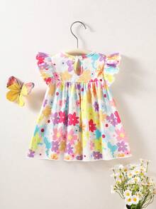 SHEIN Newborn Baby Girl Summer Cute Sleeveless Knit Dress Colorful Ruffled Trim A-Line Doll Silhouette Skirt Soft Stretch Fabric Playful Prints Apparel - Multicolor - View 3