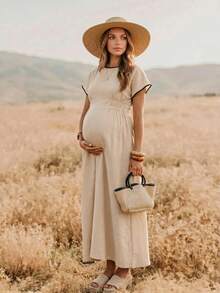 Boho Mama Maternity Vacation Piped Round Neck Batwing Sleeve Casual Dress - Apricot - View 3