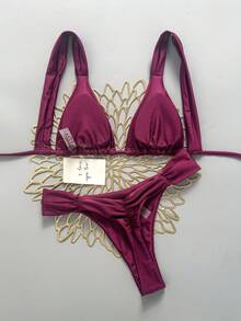 SHEIN Swim 女款性感海灘度假純色時尚熱門色掛脖綁帶＋後背綁帶比基尼上衣，性感抓皺後背＋側腰抓皺設計比基尼褲，街頭風音樂節派對泳池泳衣套裝 - 酒紅色 - 查看 2