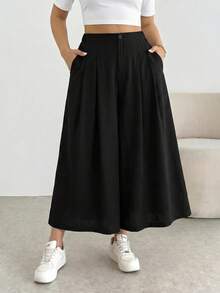 SHEIN Tall CURVE Plus Size Women's Solid Color Pocket Casual Wide Leg Cropped Pants Formal Office Brunch Bussines Teacher Black Autumn Teachers' Day - Black - View 9