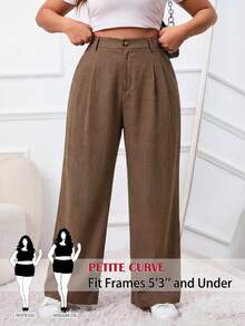 SHEIN PETITE CURVE 大码纯色褶裥腰带宽松西装裤 - 棕色 - 查看 8