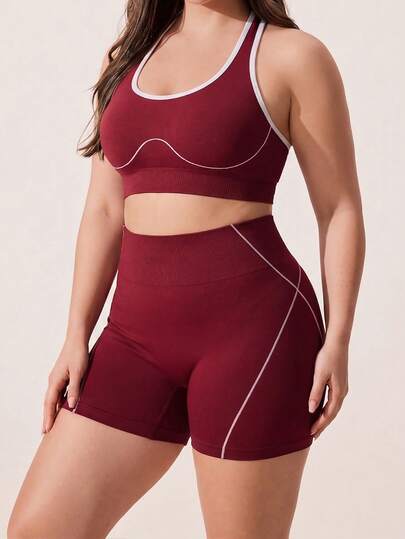 SHEIN Rhythm Era 女款大尺碼拼色短版上衣與高腰短褲休閒日常運動套裝