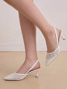 Eladyva Women's 7cm High Heel Mesh Floral Sandals, Black Pointed Toe Kitten Heel Elastic Strap Sandals, Fairy Style - White - View 5
