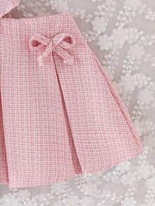 SHEIN Playful Pals 女嬰復古3D花朵仿珍珠鈕扣西裝背心與百褶迷你裙休閒套裝 - 粉色 - 查看 8